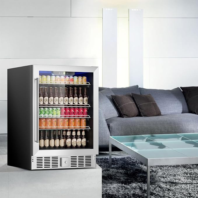 DOGHLY 24 Inch Beverage Refrigerator, 182 Cans Drink Fridge with Glass Door | Built-in Cooler for Soda Wine Beer, Advanced Cooling, Safety Lock, Freestanding Beverage Fridge for Kitchen Bar Office
