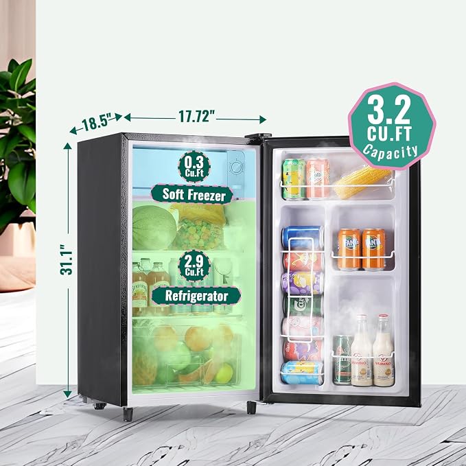 Refrigerator 3.2 Cu.Ft Single Door Fridge with freezer Refrigerator with 5 Adjustable Temperature LED Lights Removable Storage Shelves Apartment size Fridge for Bedroom Dorm Office Silver