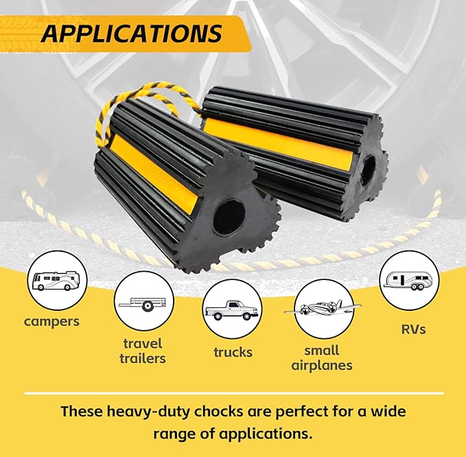 MaxxHaul 51013 Solid Rubber Wheel Chock for Travel Trailers Camper RV Truck Car Sturdiness Heavy Duty Simple Easy to use Tires Chock Block Stopper with Nylon Rope Yellow Reflective Tape 2 Pack