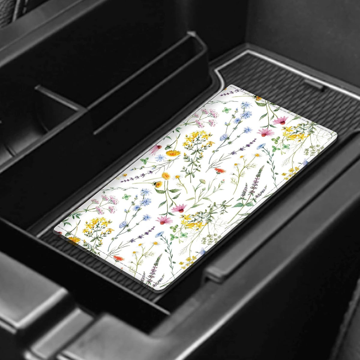 Leather Car Registration and Insurance Card Holder, Cute Car Accessories Vehicle Glove Box Car Organizer for Documents, Cards, License Beautiful White Flowers