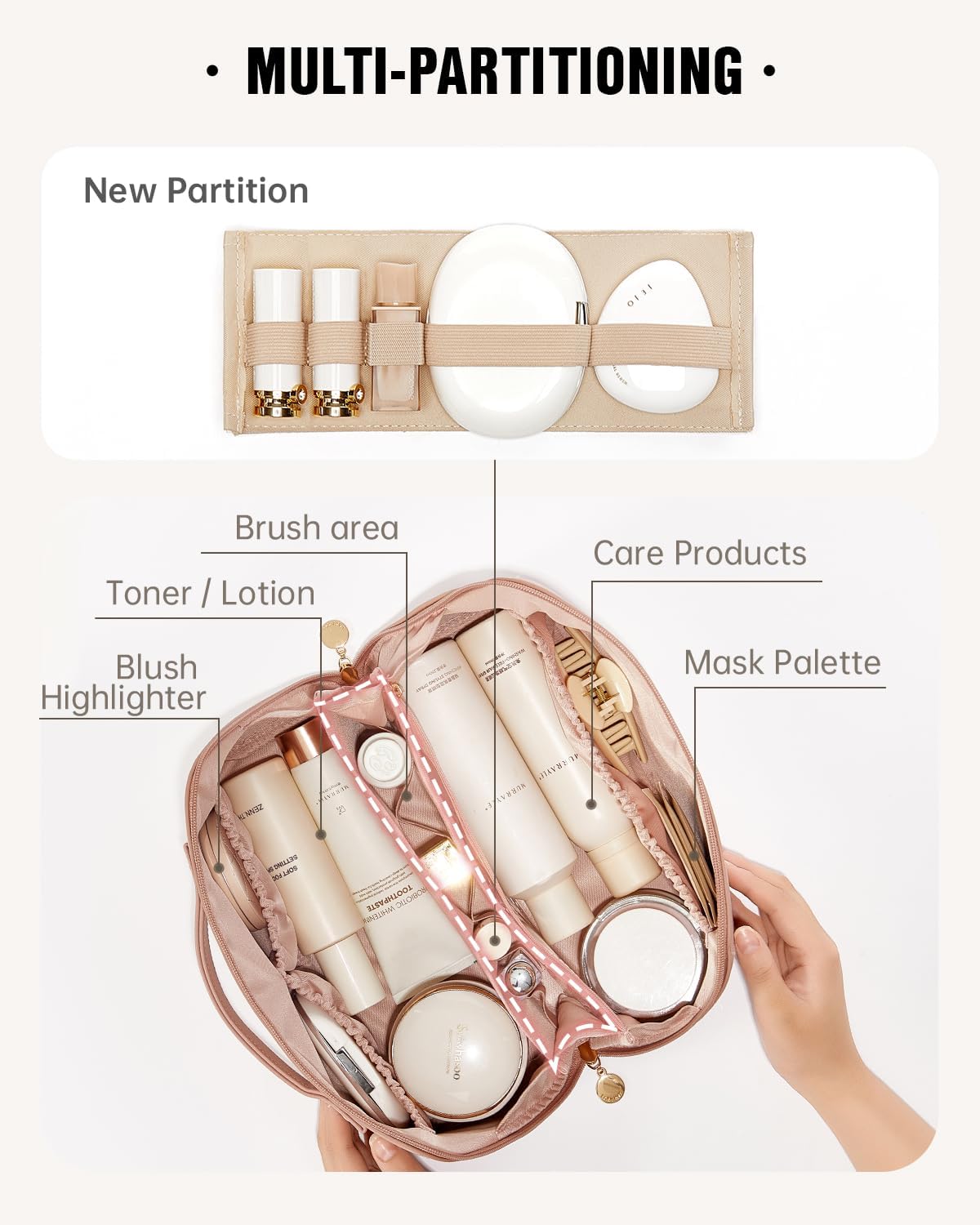 EACHY Travel Makeup Bag for Women, PU Leather Cosmetic Bag, Pink, Large