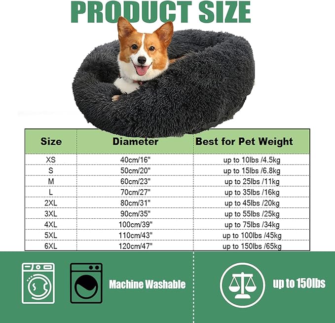 Calming Faux Fur Dog Beds Calming Donut Cuddler Dog Bed Washable Round Cat Bed Pillow Cuddler Fluffy Indoor Dog Calming Beds with Anti Slip Bottom Solid Color Coffee 23 Inch