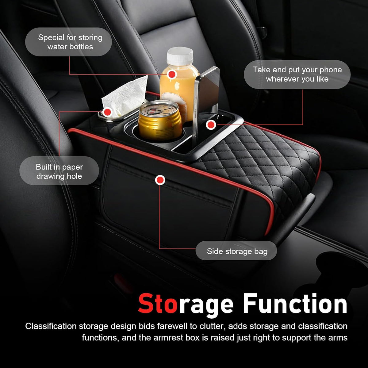 Car Armrest Cushion, 5-in-1 Car Center Console Cover with 2 Storage Bags, Leather Cars Armrest Cover with Cup Holder, Tissue Box,Thick Memory Foam Arm Rest Storage Box,Universal for Most Auto