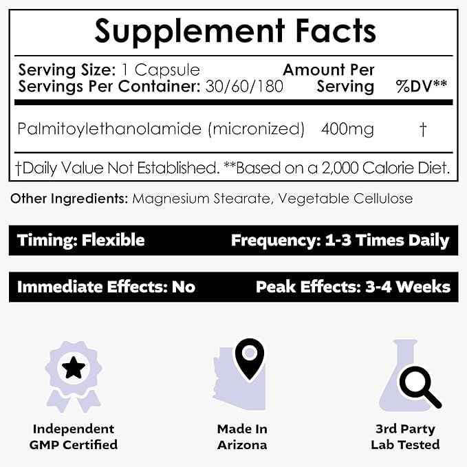 Nootropics Depot Palmitoylethanolamide Capsules | Pea | 400mg Pills | 180 Count | Provides Discomfort Support | Promotes Healthy Joint Function
