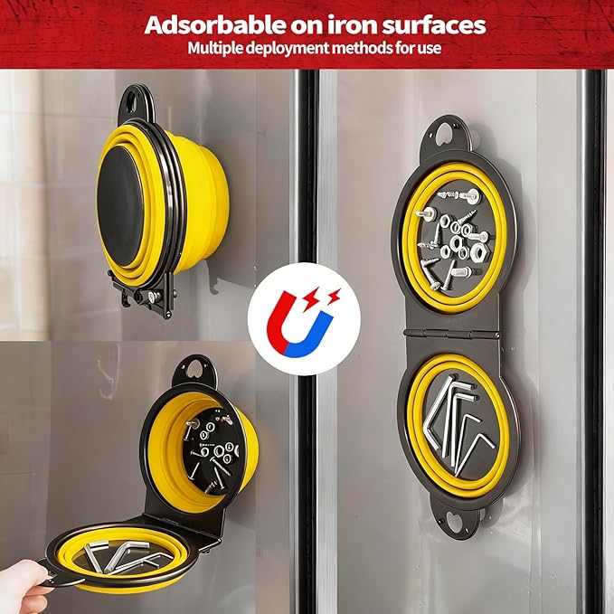 Collapsible Magnetic Parts Tray Set, New Upgraded Version Magnetic Trays, Integrated 5.1" Round Dual Silicone Bowls, Multi-Use Nuts And Bolts Organizer, Bonus Hook for On-the-Go Carry (yellow2.0)