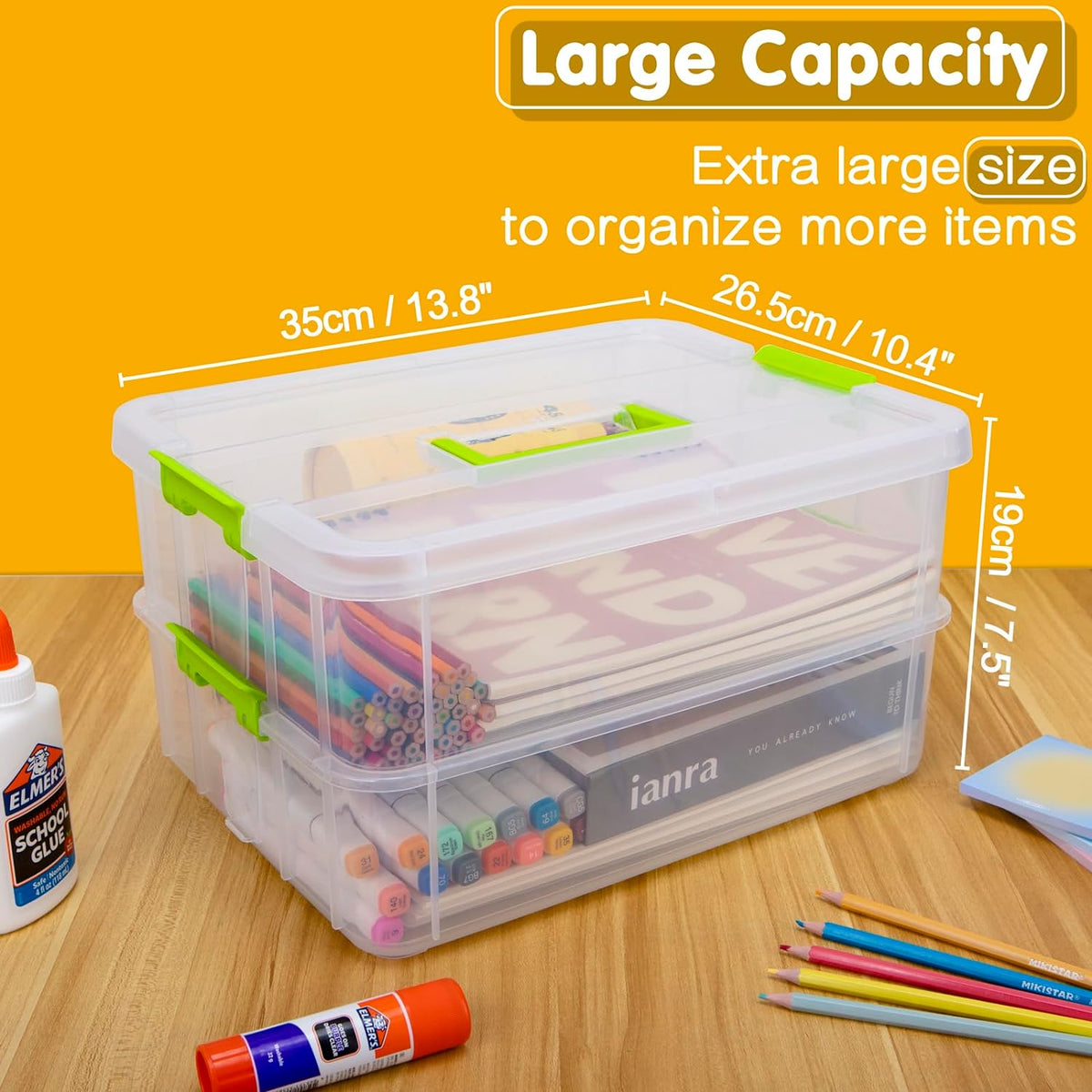 TERGOO 2 Layer Plastic Storage Containers with Lids, Multipurpose Clear Stack & Carry Box, Portable Craft Organizers and Storage Bin for Organizing Art & Craft, Sewing, Makeup, Nail Supplies (Green)