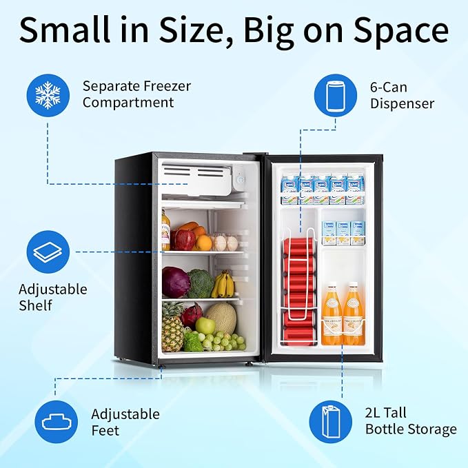 DOGHLY 3.2 Cu.Ft Mini Fridge with Freezer, Single Door Small Refrigerator | Compact Refrigerator with 7 Adjustable Thermostat, Removable Shelf, Low Noise, Small Fridge for Bedroom, Office, Dorm, Black
