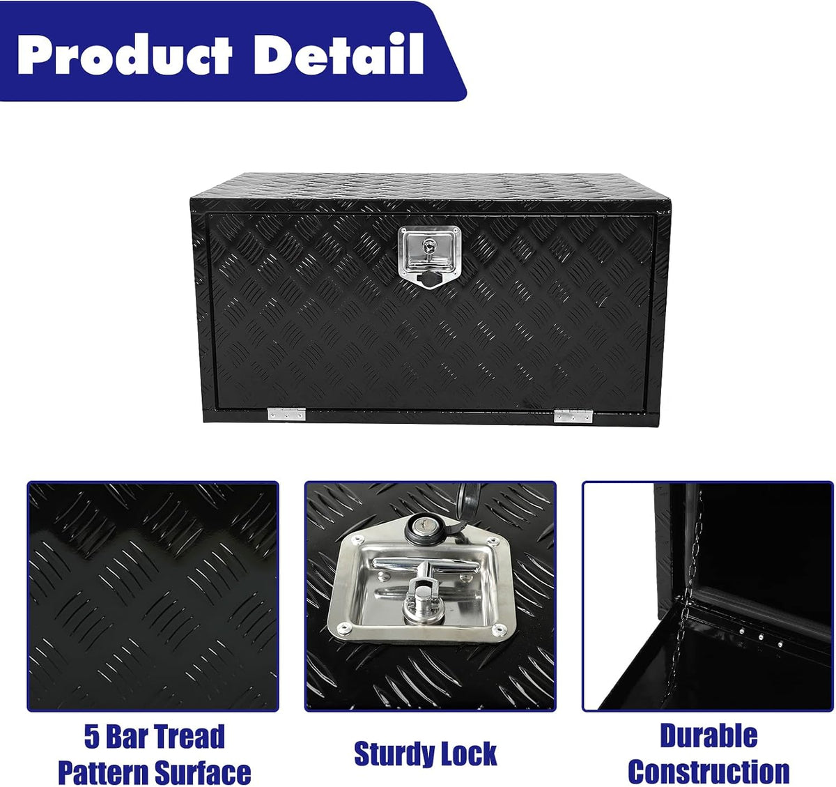 Aluminum 5 Bar Tread Truck Tool Box Car Outdoor Trailer Pickup Underbody Toolbox RV Storage Organizer with Lock Latch Keys Black 36" X 18" X 18"