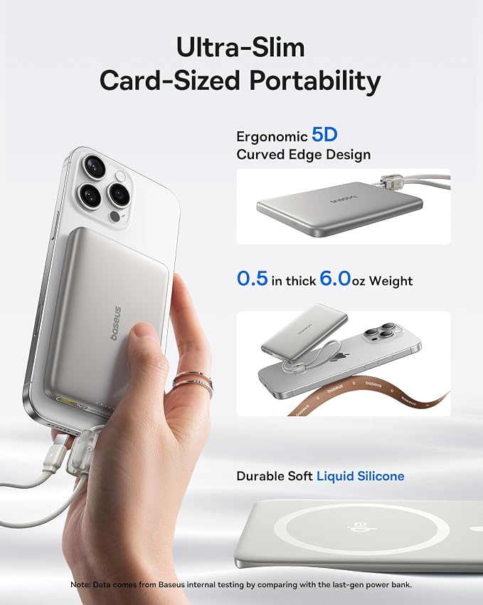 Baseus Picogo Qi2 15W Magsafe Portable Charger, 0.5" Ultra Slim 10000mAh Wireless Power Bank with 27W Built-in USB-C Cable, Magnetic Battery Pack for iPhone 17 Pro Max/17 Pro/Air/16/15/14/13/12