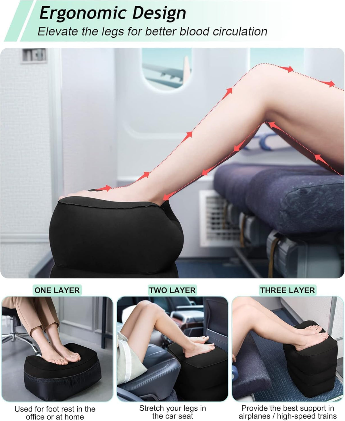 Inflatable Travel Foot Rest Pillow, Kids Airplane Bed, Adjustable 3 Layers Height Leg Rest Pillow, Adults Travel Essentials Great for Airplane, Office, Home, Trains, Cars (Black)