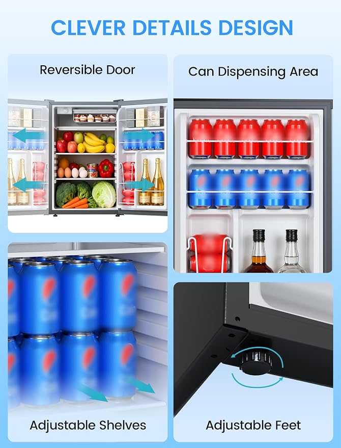 COWSAR 3.1 Cu.ft Mini Dorm Fridge for Bedroom Apartment Office, Black | Reversible Single Door, Adjustable Thermostat, Energy Saving, Remove Glass Shelves, Compact Small Fridge for College Dorm