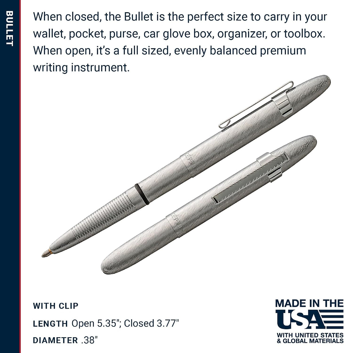 Fisher Space Pen Brushed Chrome Bullet Pen, Pressurized Ballpoint Pen, Compact Size, Writes Upside Down, Extreme Temperatures, Smooth Black Ink, Medium Point, Pocket Clip, Gift Box, Made in USA