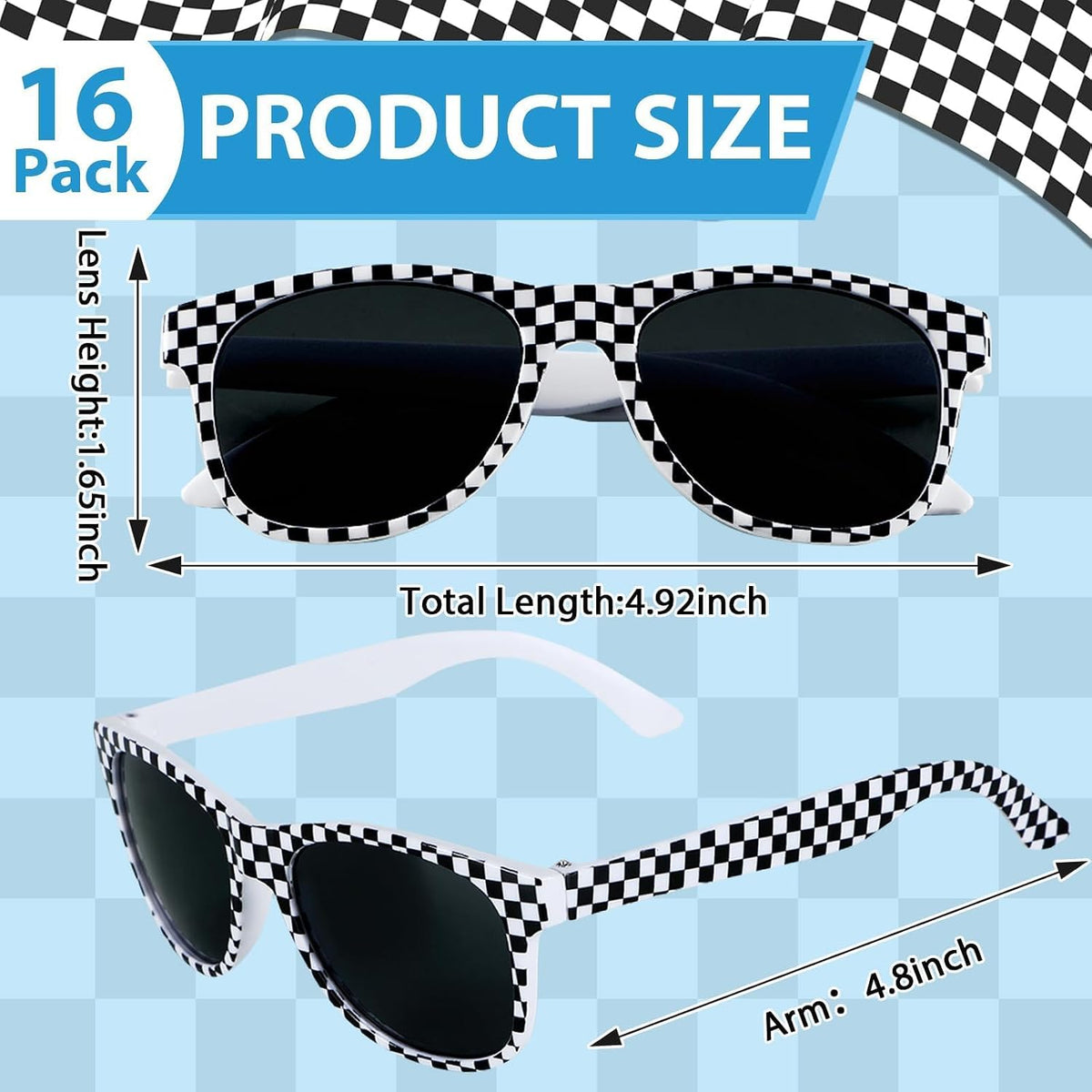 16 Pack Race Car Checkered Sunglasses White Black Frame Checker Sunglasses Bulk for Kids Racing Party Favors Essentials & Gear Up With Hot Car Plastic Glasses for Racing Theme Birthday Party Gifts