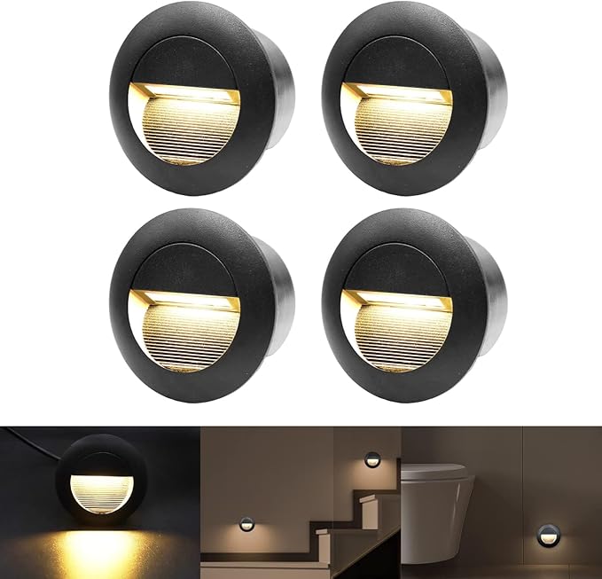3W Recessed Wall Light, Round Stair Lights, Warm White Wall Light with Recessed Box, 230 V 65 mm Wall Lighting Aluminium Waterproof Staircase Recessed Step, Black (Pack of 4)