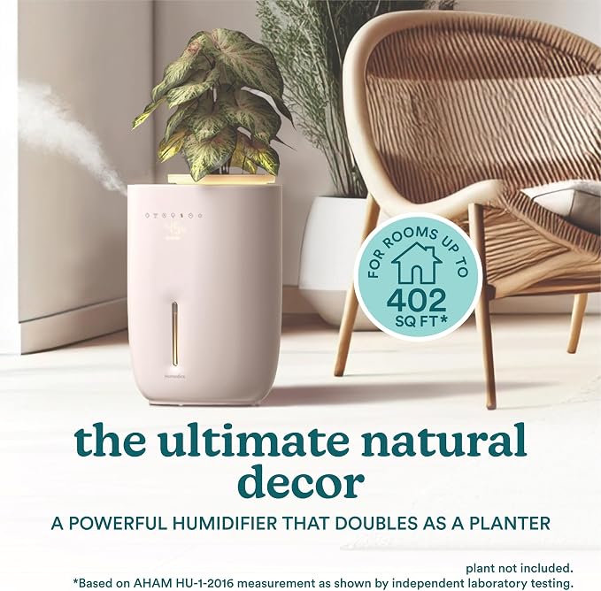 Homedics Natura Ultrasonic Warm & Cool Mist Humidifier, 1.3-Gal for Large Rooms, 60-Hr Runtime, Plant Holder, Programmable Humidity, Auto Shutoff, Nightlight Small Pot Compatible(Plant Not Included)
