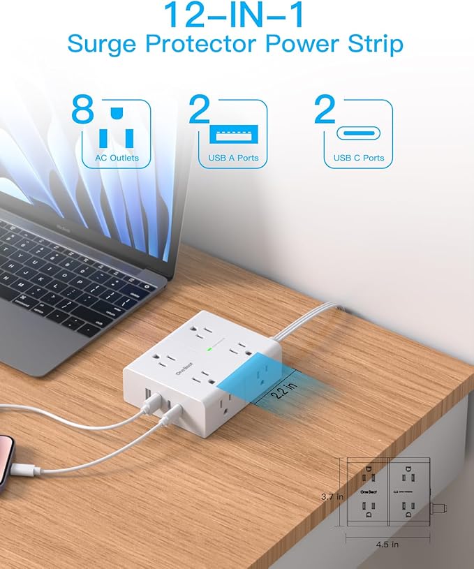 Surge Protector Power Strip, 6 Ft Flat Plug Extension Cord with 8 Outlets 4 USB Ports (2 USB C), 1080J Multi Plug Outlet Extender, Wall Mount Desk USB Charging Station for Home Office Dorm Essentials