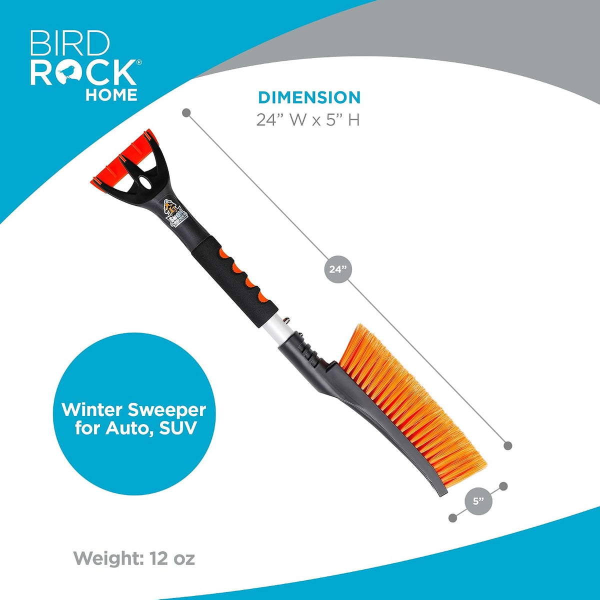 BIRDROCK HOME Snow Brush with Detachable Ice Scraper for Car - Flexible Snow Remover and Windshield Cleaning Tool with Wide Bristle Brush - Winter Sweeper for Auto, SUV - Size: 24" L x 9" W - 1 Pack