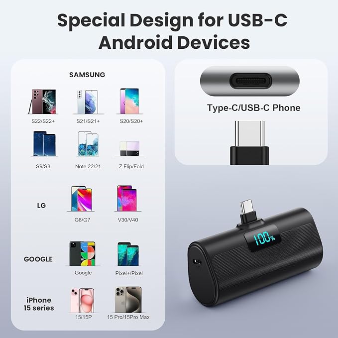 [2-Pack]Portable Charger for iPhone 17/16/15 Series,Upgraded 5200mAh PD USB C Power Bank Built-in USB-C Connector, Battery Pack Compatible with iPhone 17/17 Pro Max/16/15,Samsung,Android (Black+Pink)