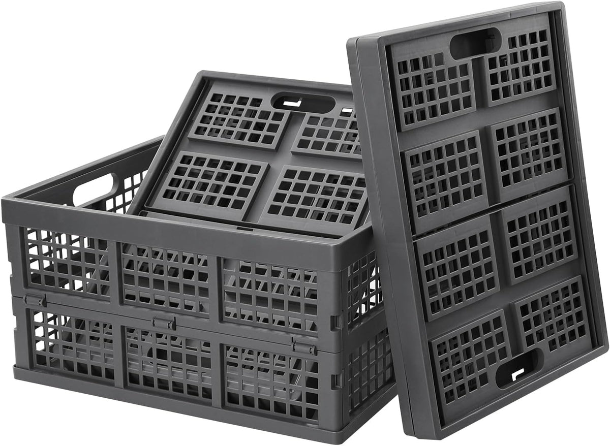 3 Packs 34L Plastic Folding Milk Storage Crate Bin, Grey