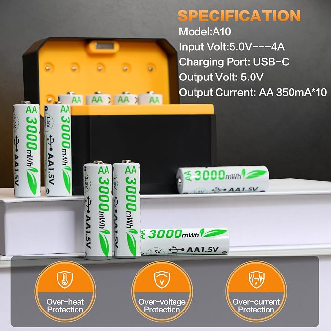 10-Pack Rechargeable AA Batteries Lithium