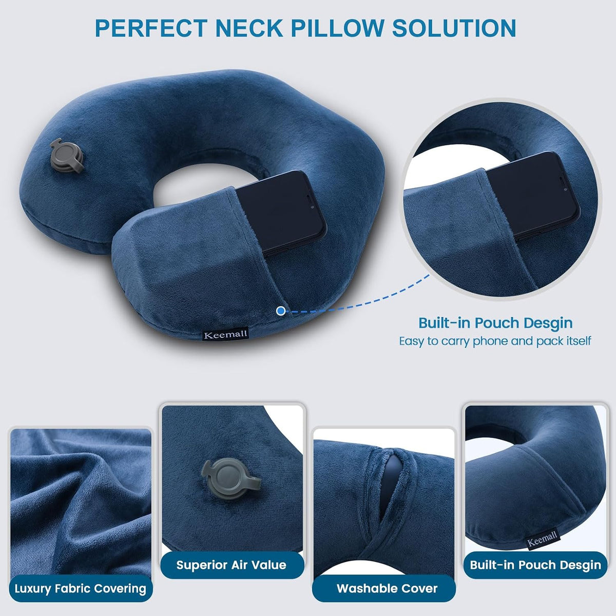 Keemall Travel Neck Pillow for Airplane, Compact Inflatable Neck Pillow for Traveling Long Flights, Adjust Firmness Neck Suport Pillow for Sleeping Plane Head Rest for Travel Accessories,Deep Blue