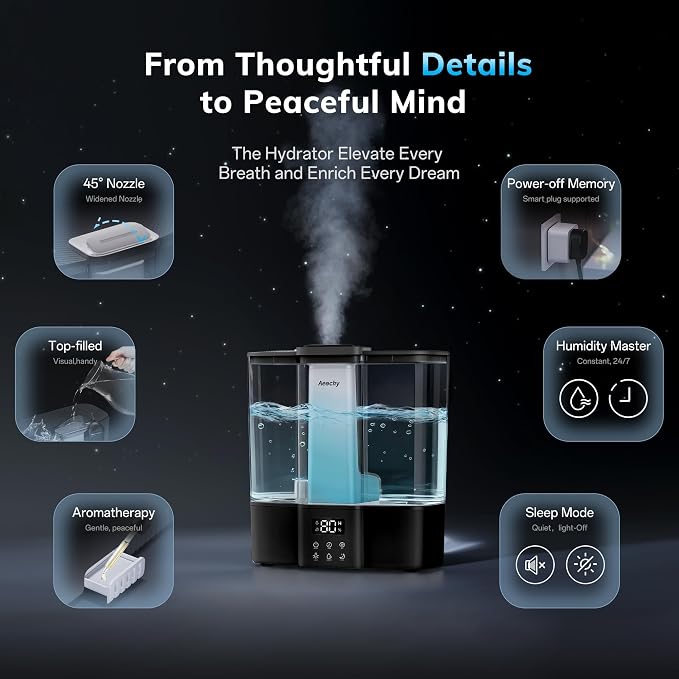 Geek-Level Aeocky Humidifier for Baby, Quiet Ultrasonic Humidifiers for Bedroom, Nursery with Ambient Light, 4L Top-Fill Cool Mist Diffuser with Timer, Sleep, Auto, Constant Humidity Mode (Black)