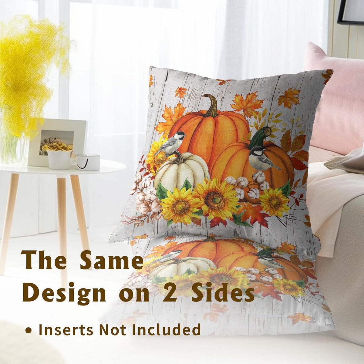 Giwawa Autumn Pumpkin Throw Pillow Covers 16x16 Inch Sunflower Wood Cotton Cushion Cases Set of 2 Seasonal Accent Pillowcase for Sofa Couch Patio