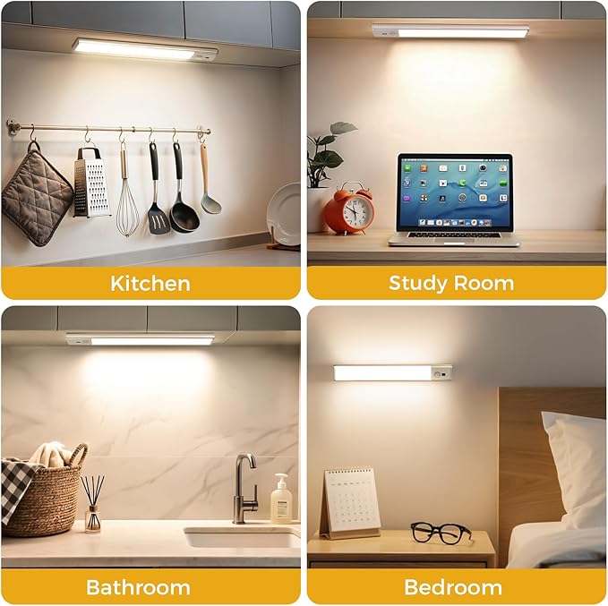 Under Cabinet Lighting with Hand Wave, 56 LED Motion Sensor Light, Rechargeable Closet Lights with 3 Color Temps, 9 Inch Dimming Magnetic Strip Night Lights for Kitchen, Wardrobe, Stairs (2 Pack)