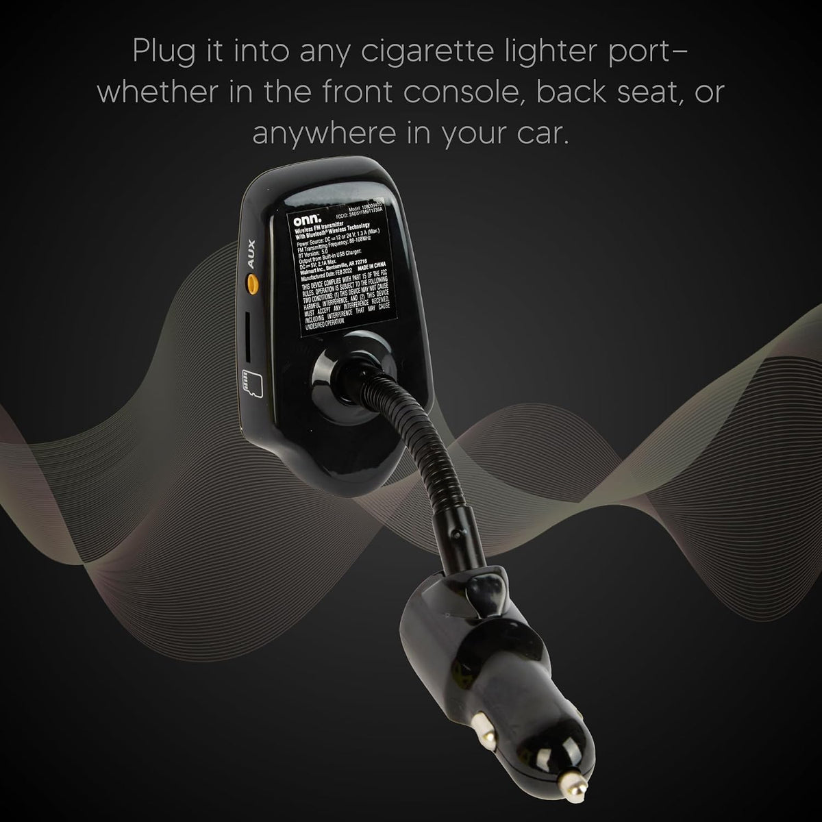 ONN FM Transmitter for Car - Bluetooth Car Adapter, Dual USB Fast Charging, Stable Bluetooth 5.0, 1.44" LCD Display, Hands-Free Calling, Flexible Gooseneck, AUX & MicroSD, 12V-24V, Black