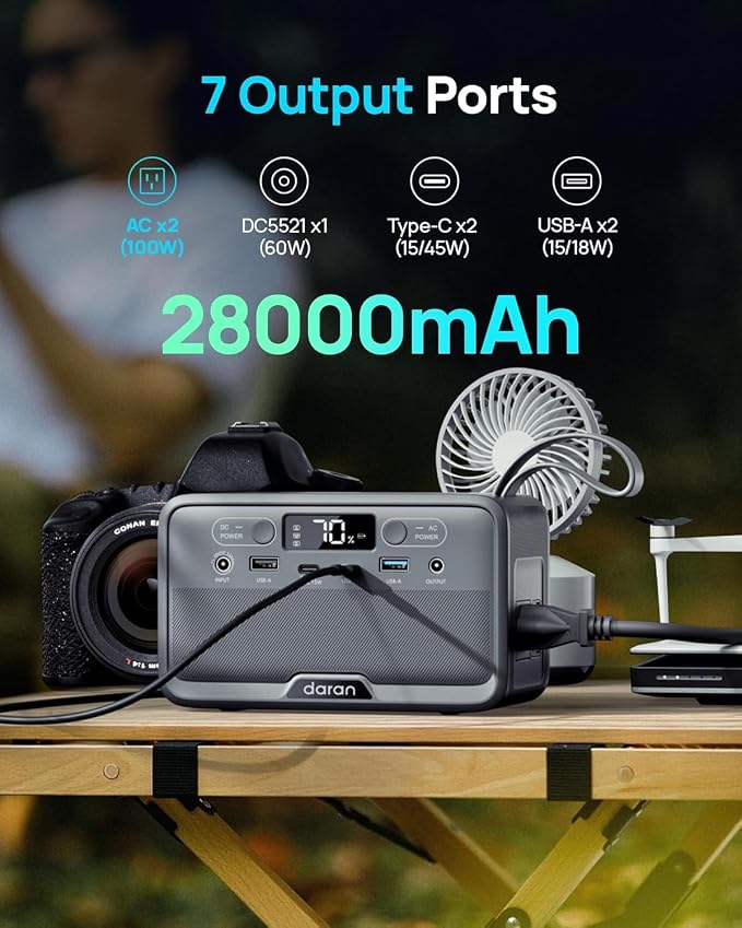 DARAN Portable Power Station 100W with 25W Solar Panel LiFePO4 Battery Power Bank with110V AC Outlets Solar Generator Fast Charging for Hurricane Emergency,Outdoor Use,Off-Grid traveling