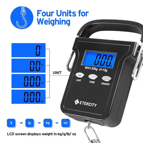 Etekcity Digital Fishing Scale - 110lb Capacity with Backlit LCD Display & Non-Slip Handle | Black