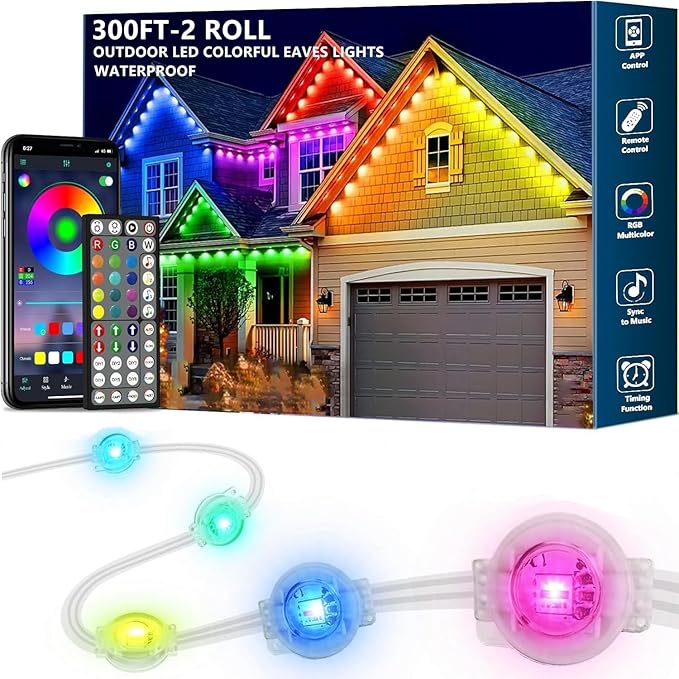 300FT Permanent Outdoor RGB Lights,IP67 Waterproof Smart LED Eaves Lights with App/Remote Control,for Christmas and All Holiday Decor,Daily and Accent Lighting,House Roof and Garden Lighting