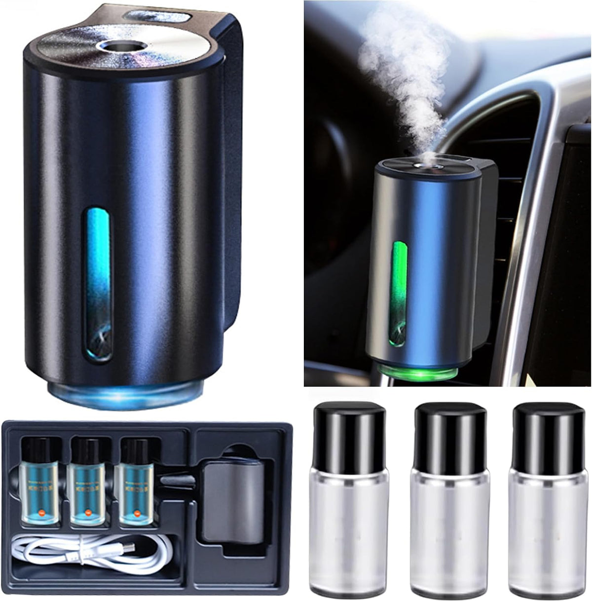 Smart Car Air Freshener, Car Air Freshener Diffuser, Rechargeable Car Aroma Diffuser, 3 Levels of Adjustable Intelligent Car Diffuser Men's Fragrance with 3 Bottles of Cologne