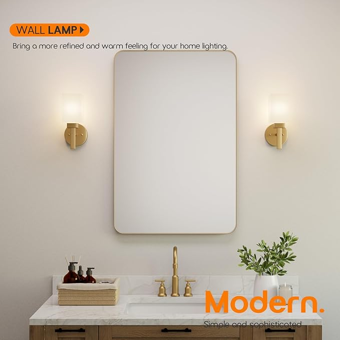 Vanity Lighting Fixtures with White Frosted Glass Shade, Brushed Gold Wall Lamps for Bathroom Mirror Bedroom Living Room Porch, 2 Pack T002GD-L1-P2