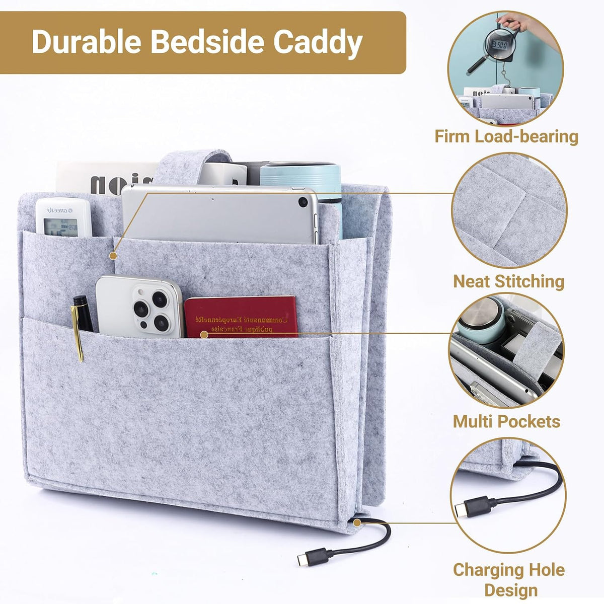 Seefoo Bed Caddy Organizer, Bunk Bed Shelf Caddy with 4 Pockets Grey