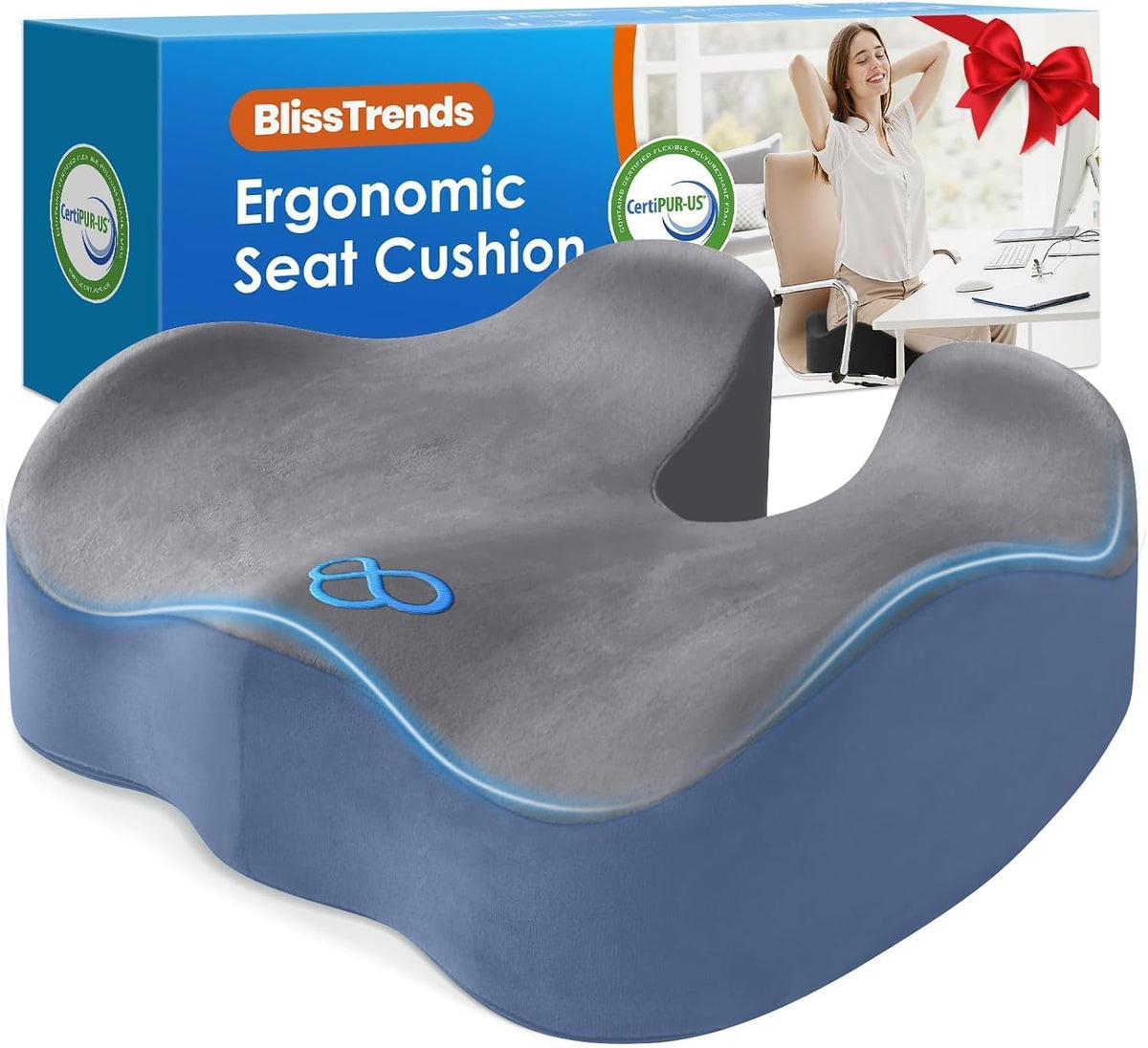 BlissTrends Memory Foam Seat Cushion for Office Chair & Car Seat Grey&Blue