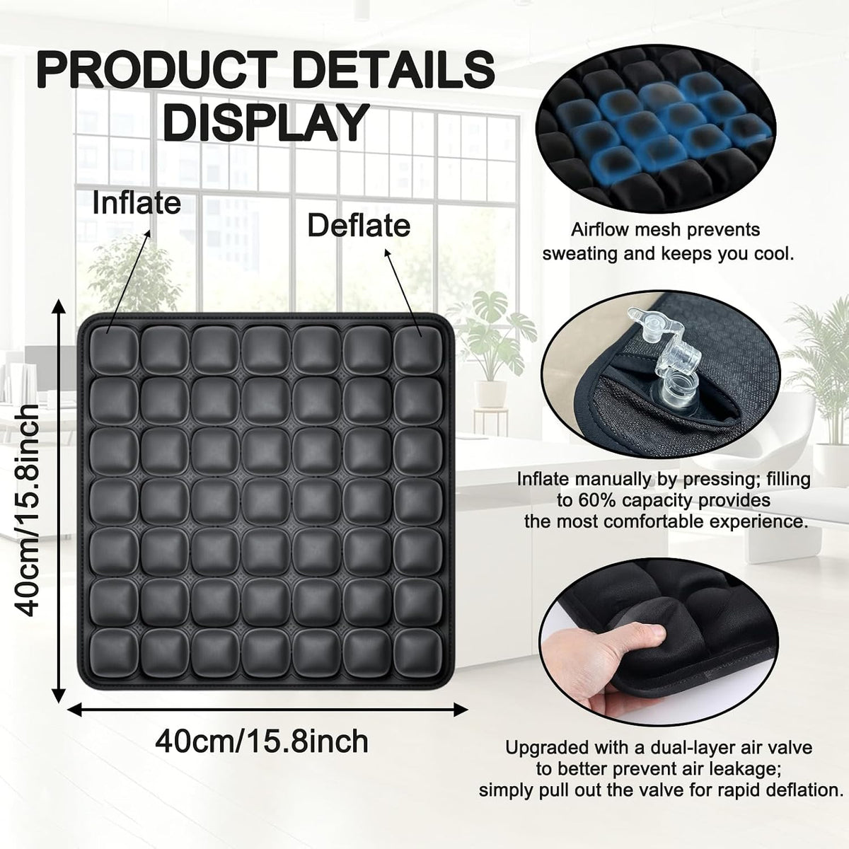 Inflatable Airplane Seat Cushion for Long Flights, 3D Airbag Pressure Relief Cushion, No Pump Needed, Portable Press Inflate Pad with Storage Bag for Office, Car, Stadium & Wheelchair
