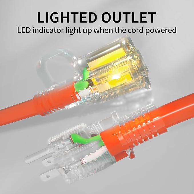 POWGRN 300 ft 12/3 Outdoor Extension Cord Waterproof Heavy Duty with Lighted End 12 Gauge 3 Prong, Flexible Cold-Resistant Long Power Cord Outside, 15Amp 1875W SJTW Orange ETL Listed