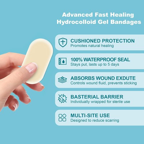 Dodanros Hydrocolloid Gel Bandages - Advanced Fast Healing Adhesive Wound Care Pads | 50 Count, 0.83 x 1.65 in
