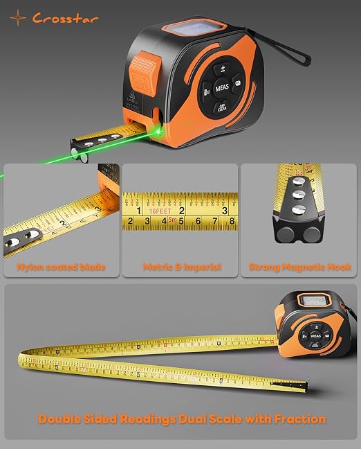 Crosstar 2-in-1 Laser Tape Measure 197ft, 532nm Green Beam, 16ft Manual Tape