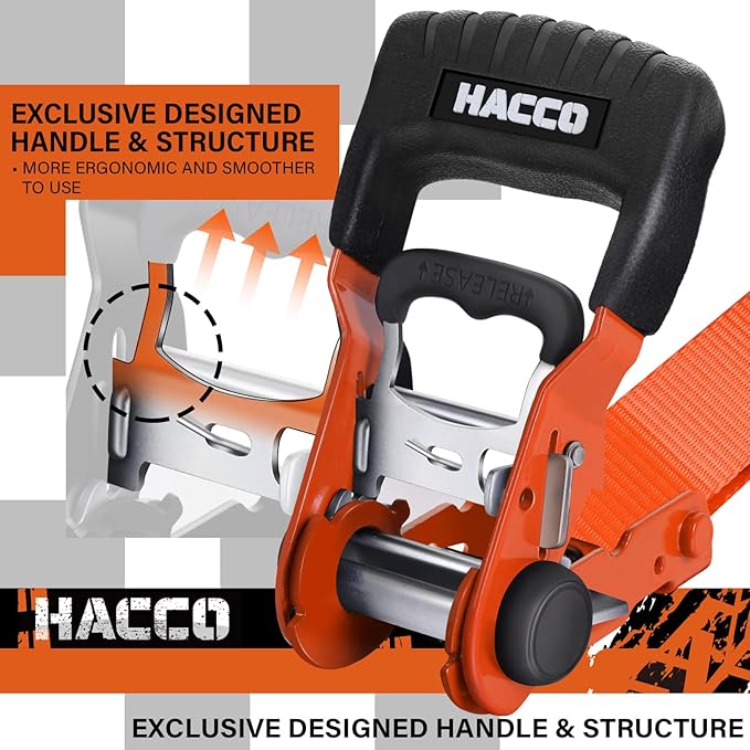 HACCOPLANET Ratchet Straps, 5280lb Break Strengeth, 1.6" Heavy Duty Ratchet Tie Down Strap Set w/Padded Handle, S Hook, Soft Loop for UTV Motorcycle Truck Cargo Straps (Orange, 8FT)