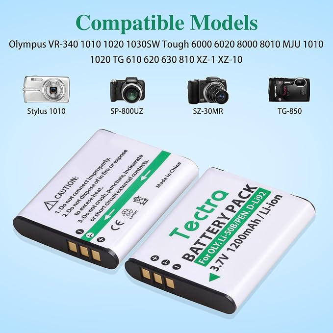 Tectra 2-Pack Li-50B D-LI92 Battery and LED USB Charger Compatible