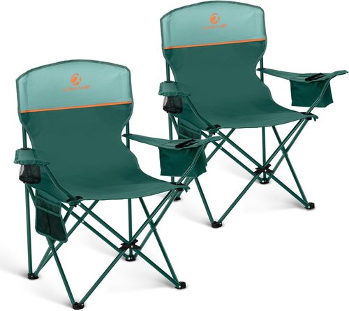 LET'S CAMP Folding Camping Chair Set - Portable 2-Pack with Cooler Bag & Cup Holder | Supports 350LBS, Green