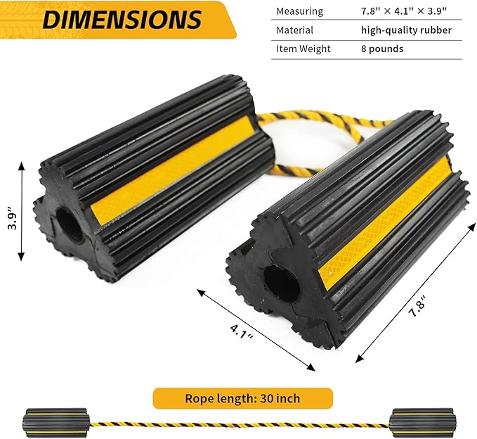 MaxxHaul 51013 Solid Rubber Wheel Chock for Travel Trailers Camper RV Truck Car Sturdiness Heavy Duty Simple Easy to use Tires Chock Block Stopper with Nylon Rope Yellow Reflective Tape 2 Pack