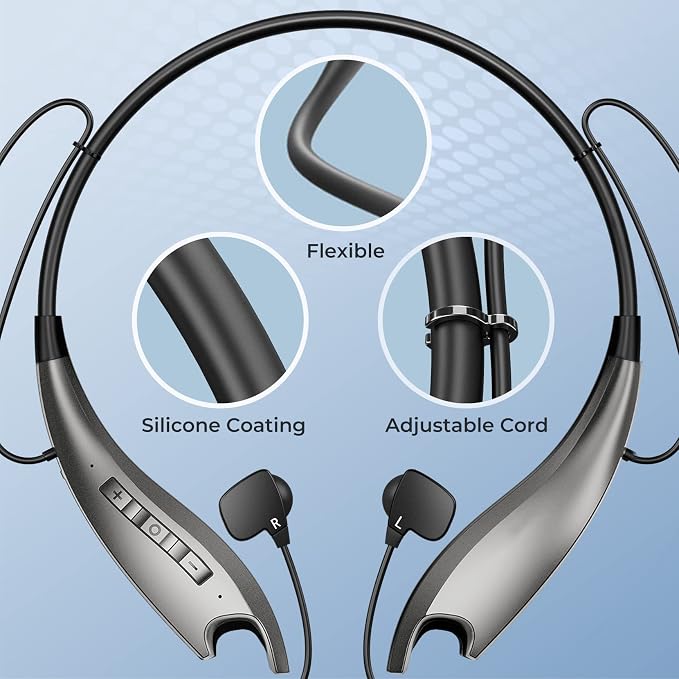 Neckband Bluetooth Headphones, 24H Playtime, Noise Isolation, Silver | Around The Neck Headphones Shark Jaw Design, Bluetooth Headsets with Call Vibration, Earbuds Built-in Mic/IPX7 Waterproof