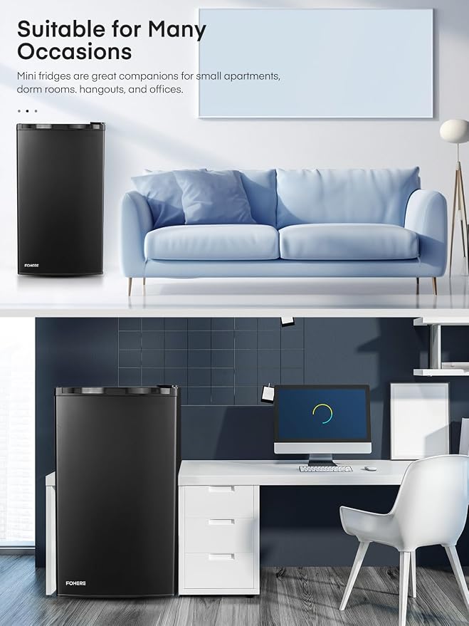 3.2 Cu. Ft Mini Fridge with Freezer, FOHERE Small Fridge with 7 Level Temperature Control, Removable Glass Shelves for Bedroom, Office, Dorm