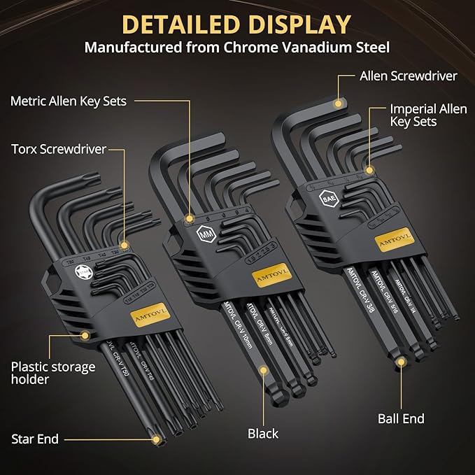 AMTOVL 27PCS Allen Key Set - Metric & SAE Wrench Set, Extra Long Ball & Star End Hex Keys with T-Handle & Color Coding for Bicycle, Household DIY - Black