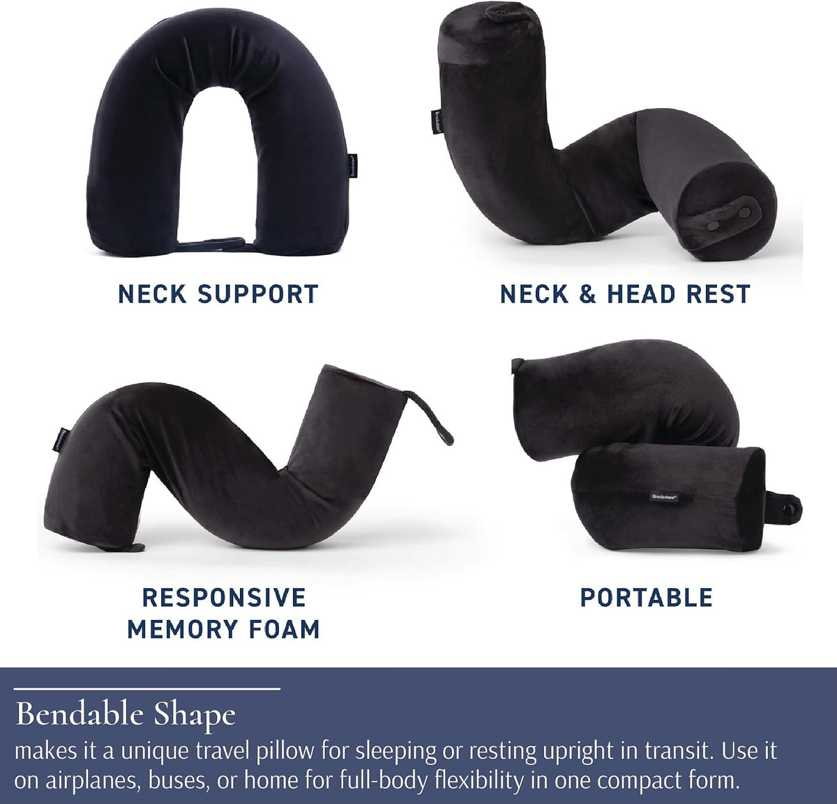 Brookstone Free Form Travel Pillow - Lightweight Flexible Memory Foam Travel Neck Pillow for Sleeping, Car, Airplane & Travel Support, Size: One Size, Black