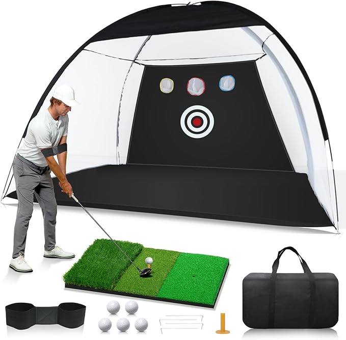 Golf Net: 10 x 7ft Golf Hitting Practice Net for Backyard Driving, Indoor & Outdoor Chipping Training Net with Mat, Targets & Balls, Ideal Gifts for Christmas Him Men Dad Husband Grandpa Boys Golfers