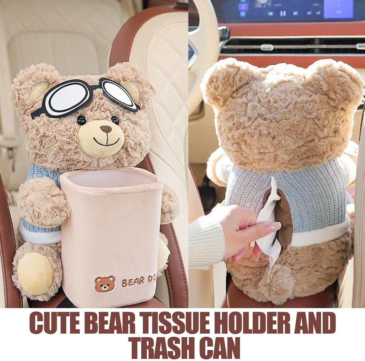 Cute Bear Plush Car Tissue Holder and Trash Can, 2-in-1 Cartoon Bear Car Tissue Box Design with Aviator Goggles, Waterproof, Beige, 25x22x28cm